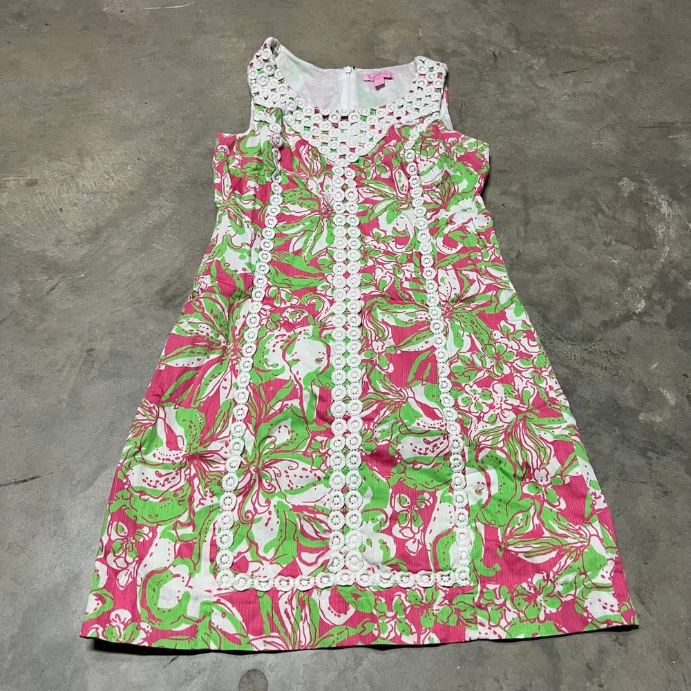 Lilly Pulitzer Pink Green Macfarlane Hotty Floral Crochet Trim Shift Dress 76191